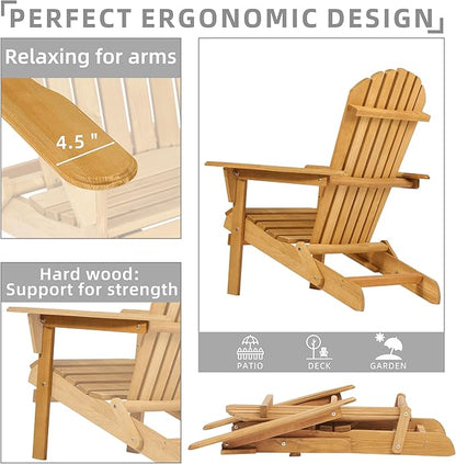 Set of 2 Outdoor Wooden Folding Adirondack Chair with Retractable Ottoman, Wood Patio Chair with Footrest for Garden Backyard Porch Pool Deck Firepit