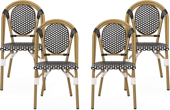 Christopher Knight Home Gwendolyn Outdoor French Bistro Chairs (Set of 4), Black + White + Bamboo Print Finish - Photo 1
