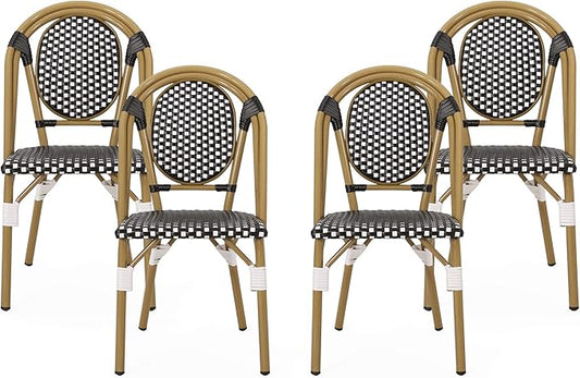 Christopher Knight Home Gwendolyn Outdoor French Bistro Chairs (Set of 4), Black + White + Bamboo Print Finish
