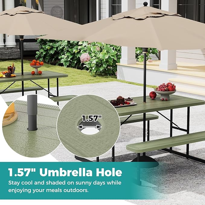 Giantex Picnic Table Bench Set for 4 People, 4.5FT Outdoor Rectangular Dining Table & 2 Benches w/Umbrella Hole - Photo 4