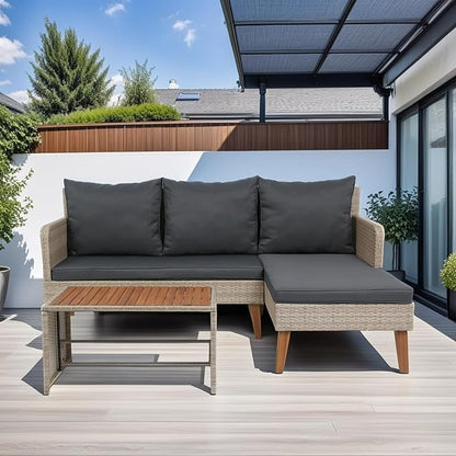 Quarte 3 Piece Outdoor Patio Wicker Sectional Sofa,L-Shaped Seating Group Conversation Sets with Acacia Wood Table for Porch Lawn Garden Backyard Poolside