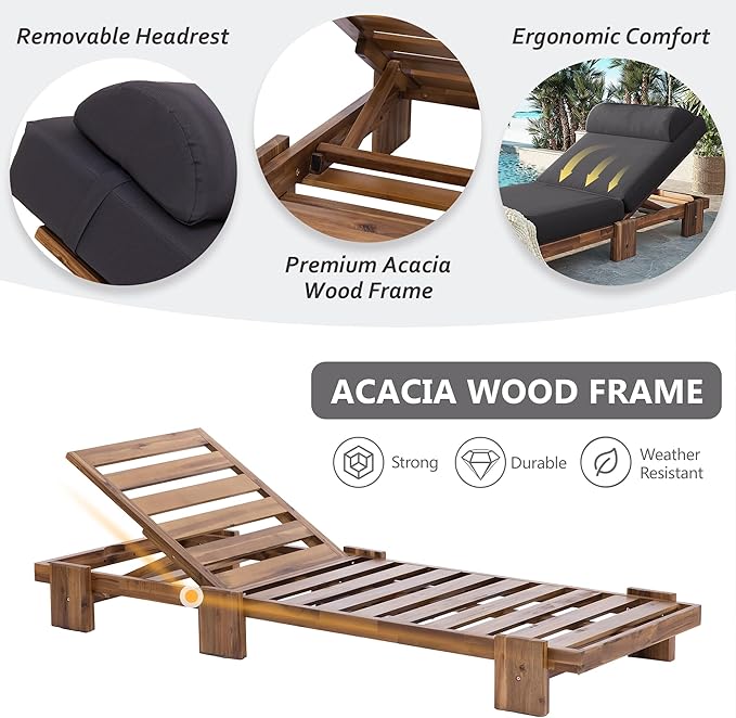 Merax 78.8'' Outdoor Patio Chaise Lounge Chair, Acacia Wood Adjustable Recliner with Headrest and Retractable Side Tray - Photo 7