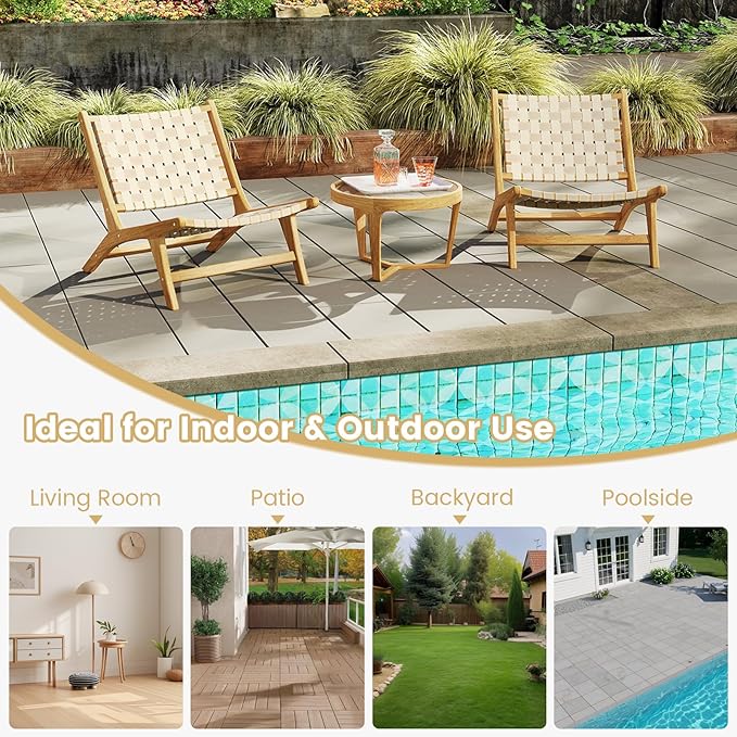 Tangkula Teak Wood Patio Dining Chair Set of 4, Outdoor Wooden Mid-Century Accent Armless Chair w/Webbing Seat & Backrest, for Living Room, Balcony, Porch, Backyard, Lawn, Poolside, Garden, Deck