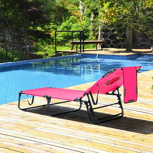 GYMAX Tanning Chair, 330lbs Beach Lounge Chair with Face Hole, Detachable Washable Pillow & Carry Strap, Adjustable Folding Chaise Lounge, Layout Chair for Outside, Patio, Poolside, Lawn (2, Pink)