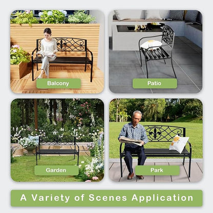 Metal Bench Patio Bench, Outdoor Benches Weatherproof with Floral Backrest, Wrought Iron Garden Benches for Outdoors, Patio, Garden, Park