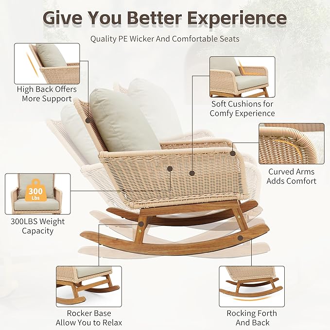 Christopher Knight Home Nadine Patio Rocking Chairs Set of 2, Wicker Rocker, Wood Rocking Chair, PE Rattan Wick Chair, Rocking Chair with Cushions, Comfort Wicker Rocker for Backyard Balcony, Beige
