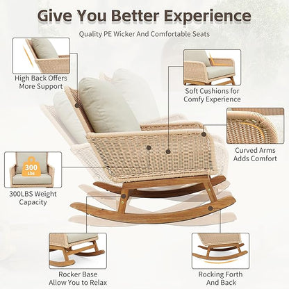 Christopher Knight Home Nadine Patio Rocking Chairs Set of 2, Wicker Rocker, Wood Rocking Chair, PE Rattan Wick Chair, Rocking Chair with Cushions, Comfort Wicker Rocker for Backyard Balcony, Beige