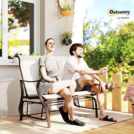 Outsunny 2-Person Outdoor Glider Bench，Patio Glider Loveseat Chair with Powder Coated Steel Frame，2 Seats Porch Rocking Glider for Backyard, Lawn, Garden and Porch, Cream White