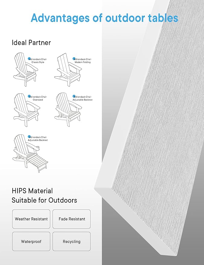 MXIMU Outdoor Side Table for Patio: 16" HIPS Weatherproof Adirondack Table - Small End Tables for Outside Porch Deck Pool Balcony Backyard - Easy Assembly No Maintenance White