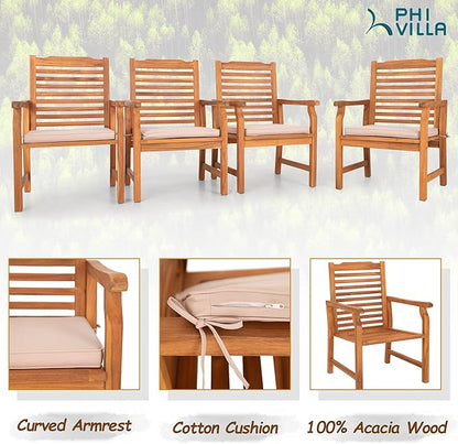 PHI VILLA 2 Pieces Acacia Wood Outdoor Dining Chairs with Cushions, Patio Oil Finished Wooden Armchairs Set of 2, Natural Teak Dining Chairs for Deck, Yard, Porch