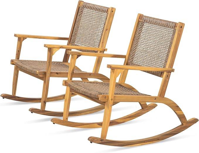 Merax 2-Piece Patio Rocking Chair Set, Acacia Wood Outdoor Rockers with PE Wicker Rattan Seat & Backrest - Photo 6
