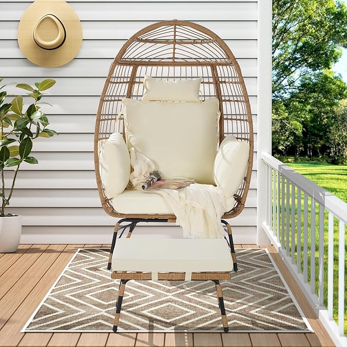 Oversized Wicker Egg Chair with Ottoman, Rattan Patio Egg Chair with Stand and Thick Cushions, Indoor Outdoor Lounge Chair for Backyard, Balcony, Living Room, Beige＋Ottoman