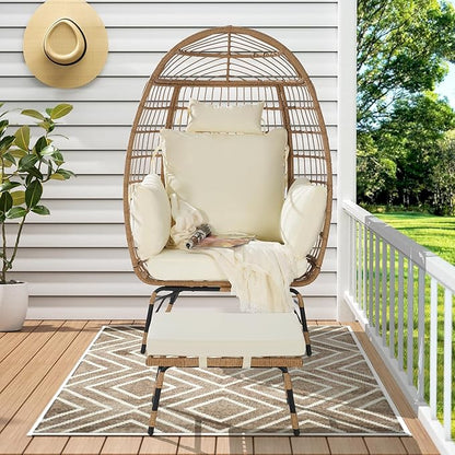 Oversized Wicker Egg Chair with Ottoman, Rattan Patio Egg Chair with Stand and Thick Cushions, Indoor Outdoor Lounge Chair for Backyard, Balcony, Living Room, Beige＋Ottoman