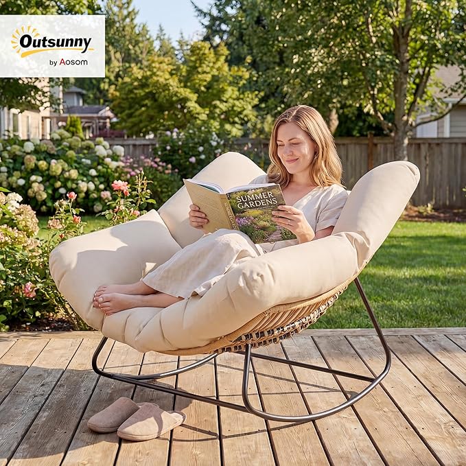 Outsunny Papasan Rocking Chair, Wicker Oversized Indoor Outdoor Rocking Chair with Cushion, PE Rattan Padded Outdoor Rocker Egg Chairs for Living Room, Garden, Patio, Balcony, Cream White
