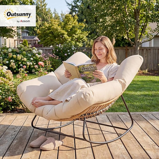 Outsunny Papasan Rocking Chair, Wicker Oversized Indoor Outdoor Rocking Chair with Cushion, PE Rattan Padded Outdoor Rocker Egg Chairs for Living Room, Garden, Patio, Balcony, Cream White