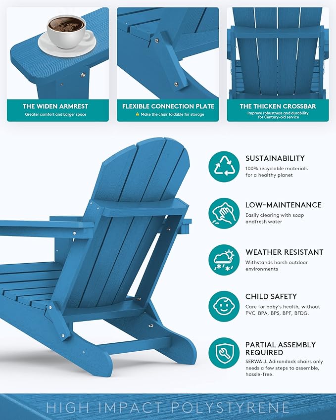 SERWALL Folding Adirondack Chair Set of 8, Weather Resistant Patio Chair with Cup Holder for Patio Garden Outdoors Fire Pit- Sapphire