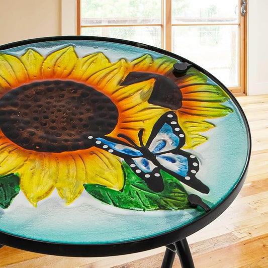 Butterfly Sunflower Small Patio Table,Outdoor Side Table,Outdoor Bar Tables,Metal Glass End Table for Porch Garden Yard Living Room Valentine Decor, 10 Inch Table, Valentine Decoration Gift