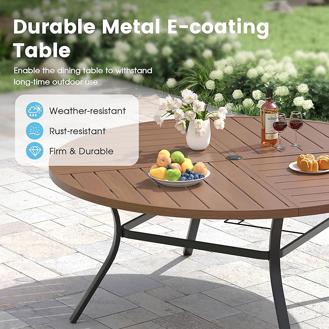 Patio Dining Table for 8-10, Round Metal Outdoor Table with Storage Shelf, 1.57" Umbrella Hole, 63" Outdoor Quartered Tabletop Dining Table for Backyard, Porch, Lawn, Walnut