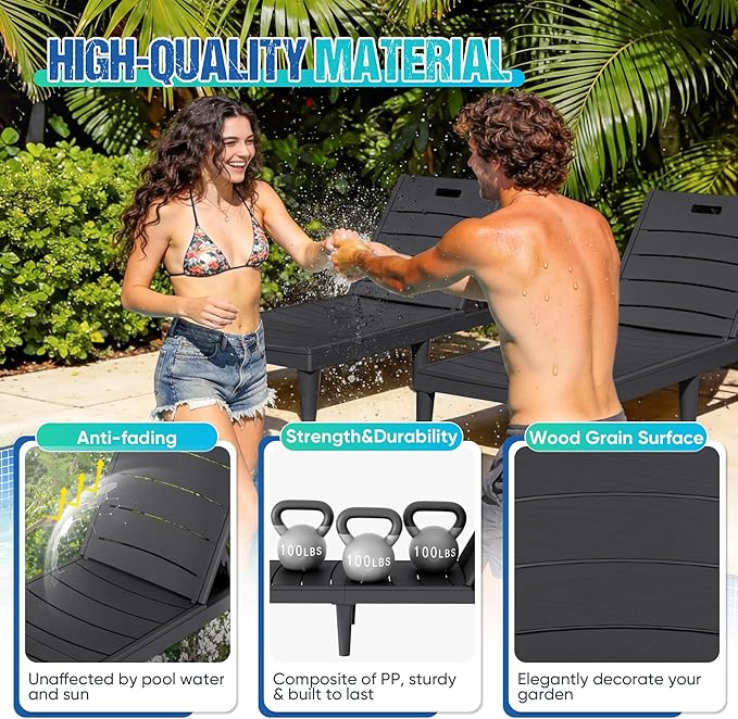 Greesum Outdoor Chaise Lounge Chair Set of 2, Waterproof 5-Position Adjustable PP Sun Loungers for Patio, Poolside, and Beach Sunbathing, Black