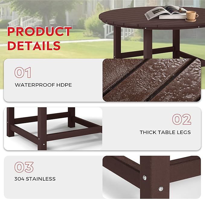 Costaelm Patio Conversation Table, Tatio Accent HDPE Outdoor Weather Resistant, Round Outdoor Porch Balcony Patio Drink Table for Outside, Pool, Backyard, Dark Brown