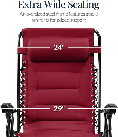 Best Choice Products Oversized Padded Zero Gravity Chair, Folding Outdoor Patio Recliner, XL Anti Gravity Lounger for Backyard w/Headrest, Cup Holder, Side Tray, Polyester Mesh - Burgundy