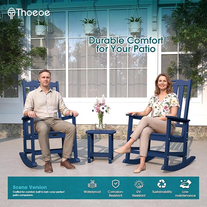 Oversized Rocking Chair Set of 8, Outdoor Rocking Chair for Adults, All Weather Resistant Porch Rocker for Lawn Garden, Navy Blue