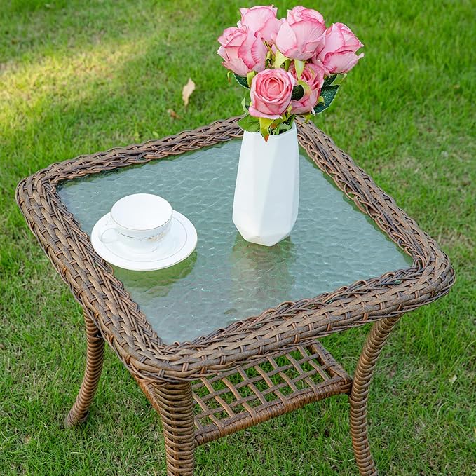 MEETWARM Wicker Outdoor Side Table, All-Weather Patio Rattan Side Table with Tempered Glass Top and Storage Shelf, Small Patio End Table for Outside Indoor Poolside Deck Garden, Brown