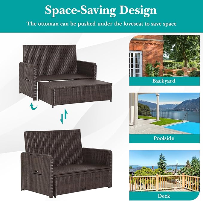 COSTWAY Patio Rattan Daybed with Cushions, Outdoor Wicker Loveseat Sofa with Storage Ottoman - Photo 5