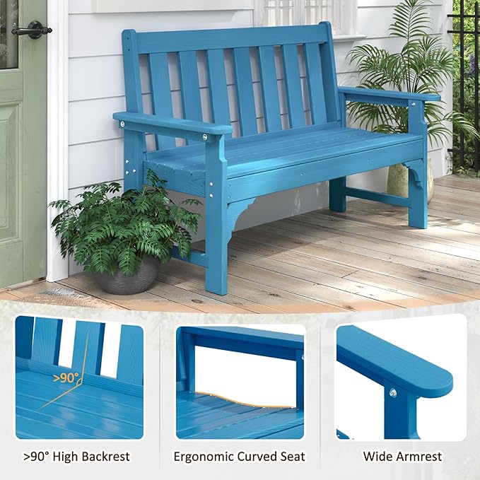nalone Outdoor Bench, HDPE All Weather Patio Bench Load up to 800 Lbs, 2-Person Garden Bench Rot-Proof Fade Proof for Patio, Porch, and Park (Blue)