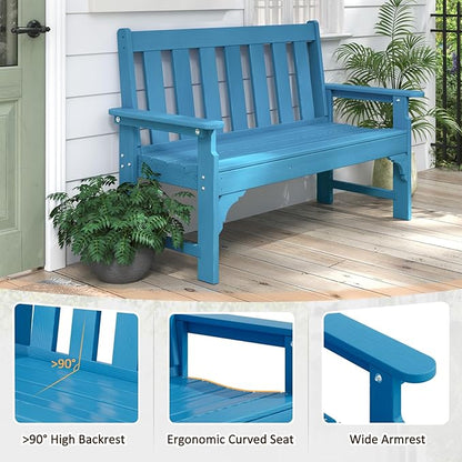 nalone Outdoor Bench, HDPE All Weather Patio Bench Load up to 800 Lbs, 2-Person Garden Bench Rot-Proof Fade Proof for Patio, Porch, and Park (Blue)