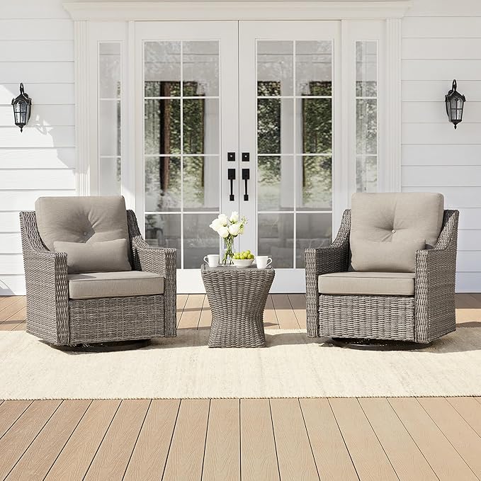 CHITA 3 Pieces Wicker Patio Bistro Set, Outdoor Furniture Set with 2 Pieces Rattan Rocking Swivel Chairs - Photo 1