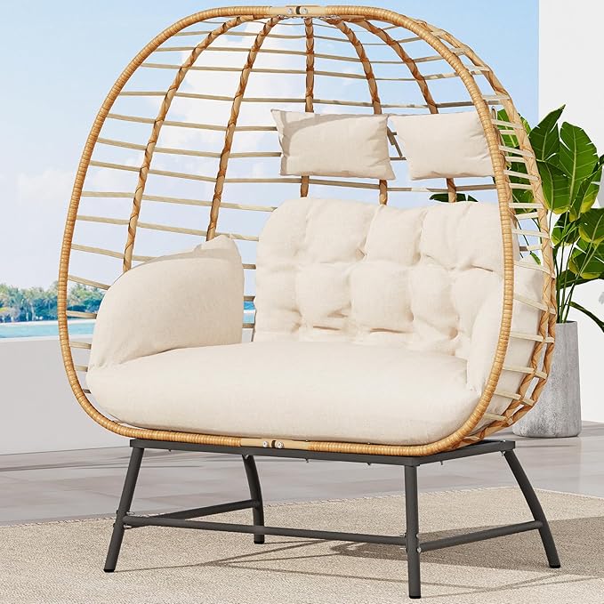 SWITTE Double Wicker Egg Chair Outdoor, Indoor Oversized Papasan Loveseat with Thick Cushion - Photo 1