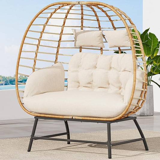 SWITTE Double Wicker Egg Chair Outdoor, Indoor Oversized Papasan Loveseat with Thick Cushion, 2-Person Patio Lounge Chair, 680 lbs Capacity for Balcony, Porch, Backyard-Ivory