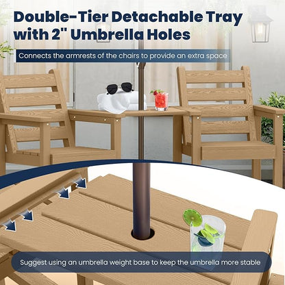 PLUUV Tall Adirondack Chairs Set of 2, All Weather HDPE Poly Bar Height Balcony Adirondack Chair with Removable Double Connecting Trays, Outdoor Adirondack Barstools for Deck, Patio, Yard, Pool, Lawn