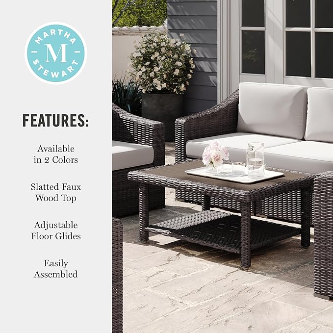 Martha Stewart Bedford Indoor-Outdoor Patio Coffee Table with Lower Shelf, Faux Wood Top - Photo 7