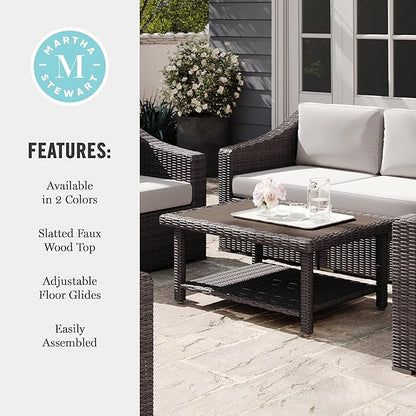 Martha Stewart Bedford Indoor-Outdoor Patio Coffee Table with Lower Shelf, Faux Wood Top, and Rattan Wicker Finish in Brown