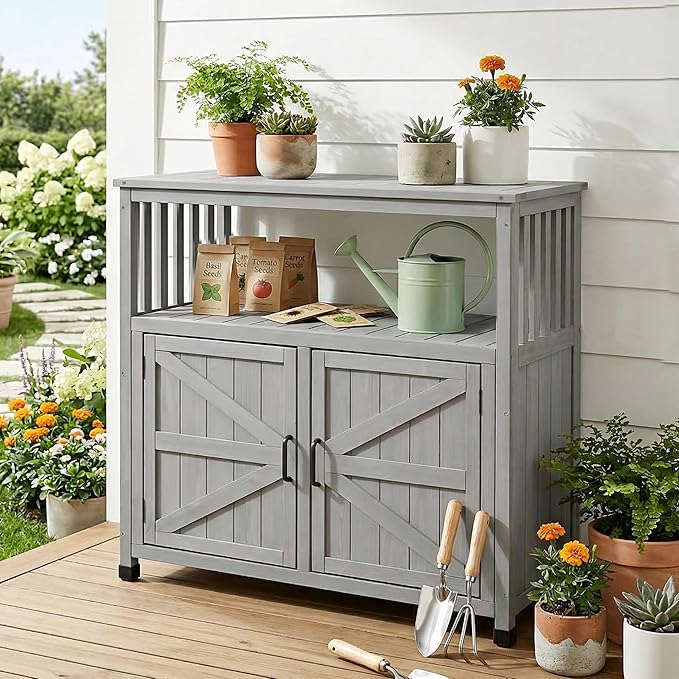 Mederlo Wooden Patio Bar Table Set with Storage, Buffet Cabinet Sideboard for Outdoor and Indoor