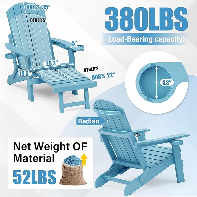 YEFU Adjustable Adirondack Chair with Retractable Ottoman Set of 6,Folding Adirondack Chair with 2 Cup-Holders, Outdoor Chairs with Footrest,Weather Resistant Fire Pit Chairs,for Patio Lawn(Blue)