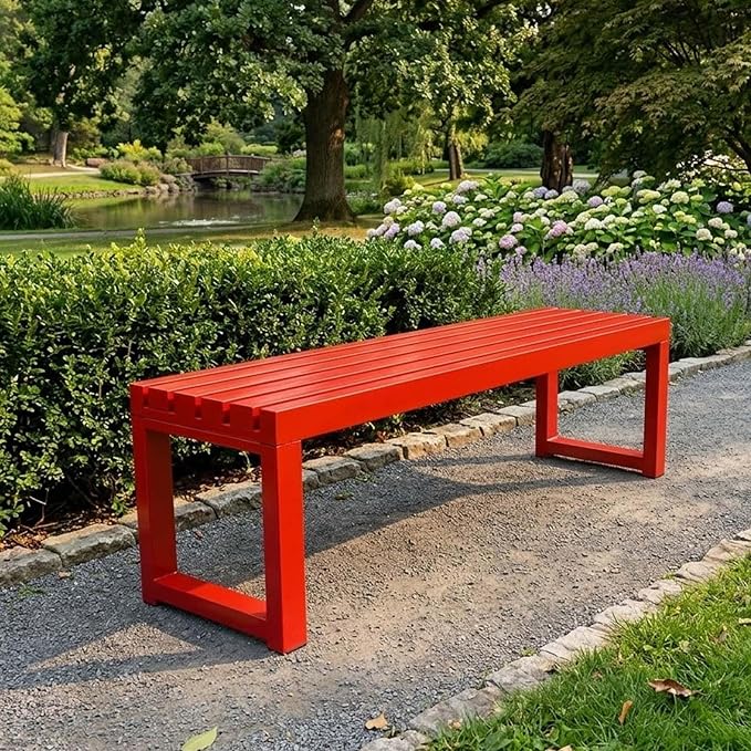 Weatherproof Outdoor Garden Bench, Heavy Duty Metal Bench, Galvanized Steel Backless Patio Benches, 3.3ft 3.9ft 4.9ft 5.9ft All Weather 2-Person Front Porch Seat for Yard Backyard(Red,5.9ft)
