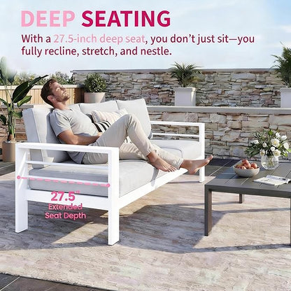 Kiss the Water Outdoor Couch Aluminum Patio Furniture Sofa, 3 Seat All-Weather Metal Patio Couch with 5" Thick and Soft Cushion and Wide Arm, Outdoor Sofa for Balcony, Porch