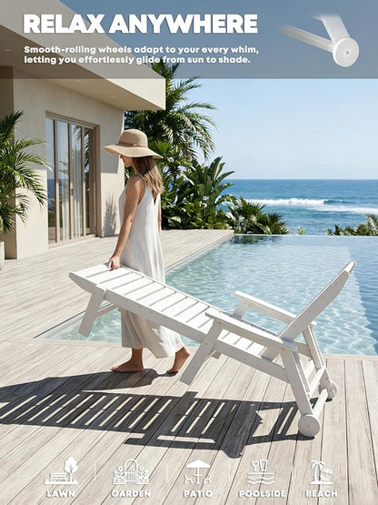 Patio Chaise Lounge Chair, HDPE Outdoor Lounge Chairs with 5-Position Adjustable Backrest, Cup Holder and Wheels, 450lbs Capacity for Poolside Deck Backyard, All Weather Material(White)