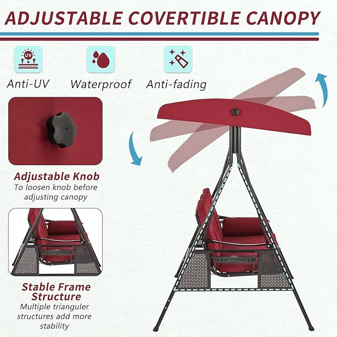 AECOJOY Outdoor Porch Swing, 3-Seat Porch Swing with Adjustable Canopy, Outdoor Swings for Adult with Burgundy Removable Cushions for Backyard, Garden, Yard, Poolside, Balcony