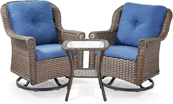 3 Piece Patio Swivel Chairs and Side Table Set - High Back Outdoor Brown Wicker Rattan Rocking Glider with Thick - Photo 1