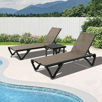 Domi Patio Lounge Chairs Set of 3, Aluminum Pool Chaise Lounge with Side Table,5 Position Adjustable Backrest and Wheels, Lounge Chairs for Pool, Garden, Beach, Backyard, Khaki