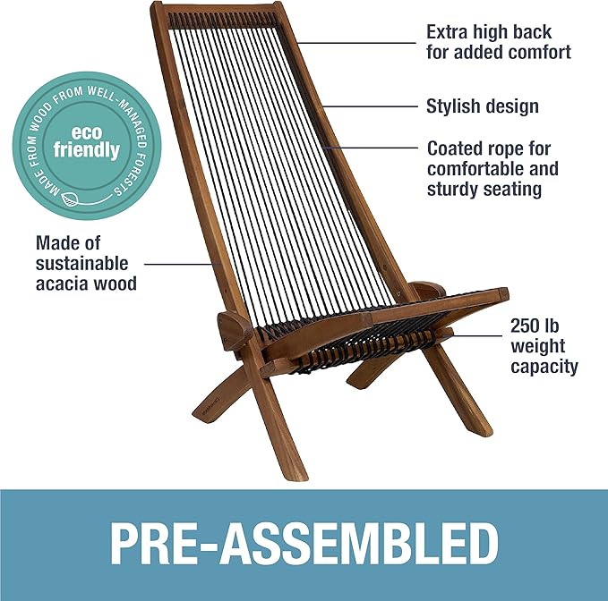 CleverMade Tamarack Folding Rope Chair - Foldable Outdoor Low Profile Wood Lounge Chair for the Patio, Backyard, and Deck, No Assembly Required