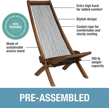 CleverMade Tamarack Folding Rope Chair - Foldable Outdoor Low Profile Wood Lounge Chair for the Patio, Backyard, and Deck, No Assembly Required