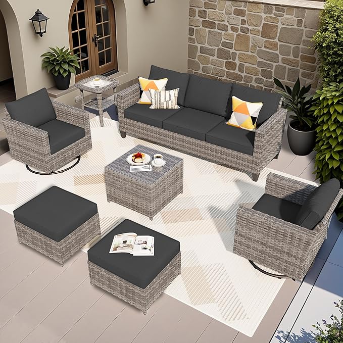 ovios Patio Furniture Set, 7 Pieces Outdoor Wicker Sofa Couch with Swivel Rocking Chairs Glass Table Comfy Cushions - Photo 1