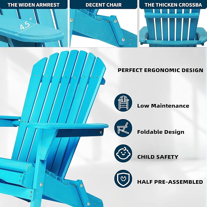 KEVINSPACE Adirondack Chair Folding AdirondackChairs Set of 2 Outdoor Chairs PatioChairs Setof2 Solid Wood Porch ChairsFire for Adult PitChairs Front PorchChairs for Garden Backyard Beach Blue