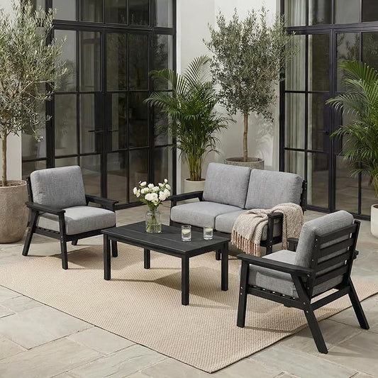 Patio Furniture Set, HDPE Outdoor Sofa Set with Gray Washable Cushions, Patio Conversation Sets for Lawn, Garden, Porch, Balcony & Deck, Durable Outdoor Sectional Furniture (Black Frame)