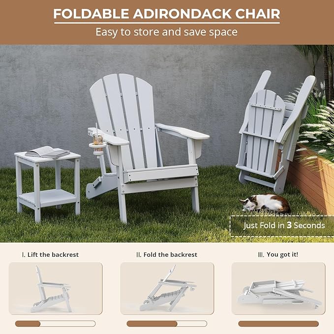 BRIOPAWS Folding-Adirondack-Chair | HDPE Plastic | Fire Pit Chairs | Cup Holder | Curved Back | All Weather | for Outdoor Backyard Deck Patio | White